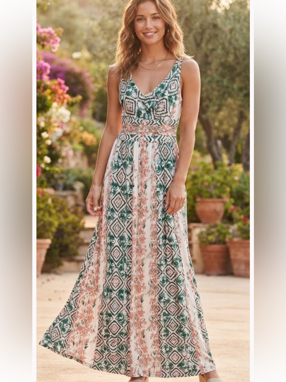 White House Black Market Green and Pink Printed Maxi Dress